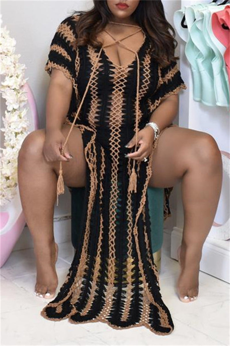 [Pre-Sale] Plus Size Hand Made Black Beach Cover Up Crochet Maxi Dress