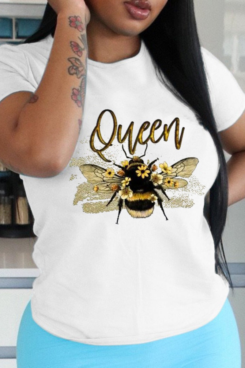Plus Size Bee Queen Print Round Neck Short Sleeve T Shirt