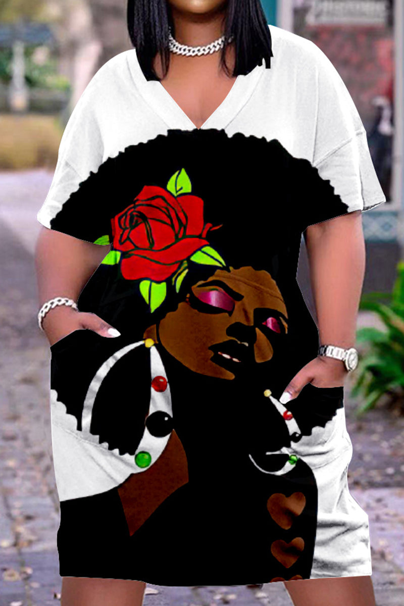 Plus Size V Neck Short Sleeve Cute Black Girl Print Midi Dress-Red - Fashionaviv