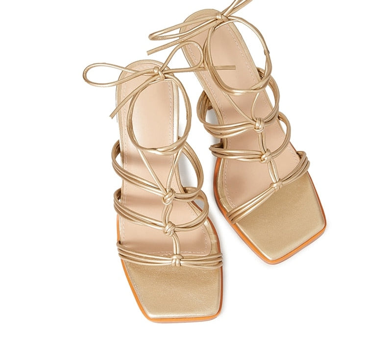 Open Toe T-Shaped Lace-Up High Heel Sandals