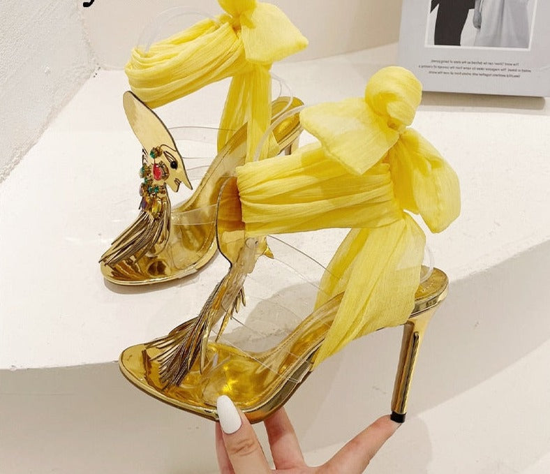 Lace-Up Strappy Square Toe Gold Heels