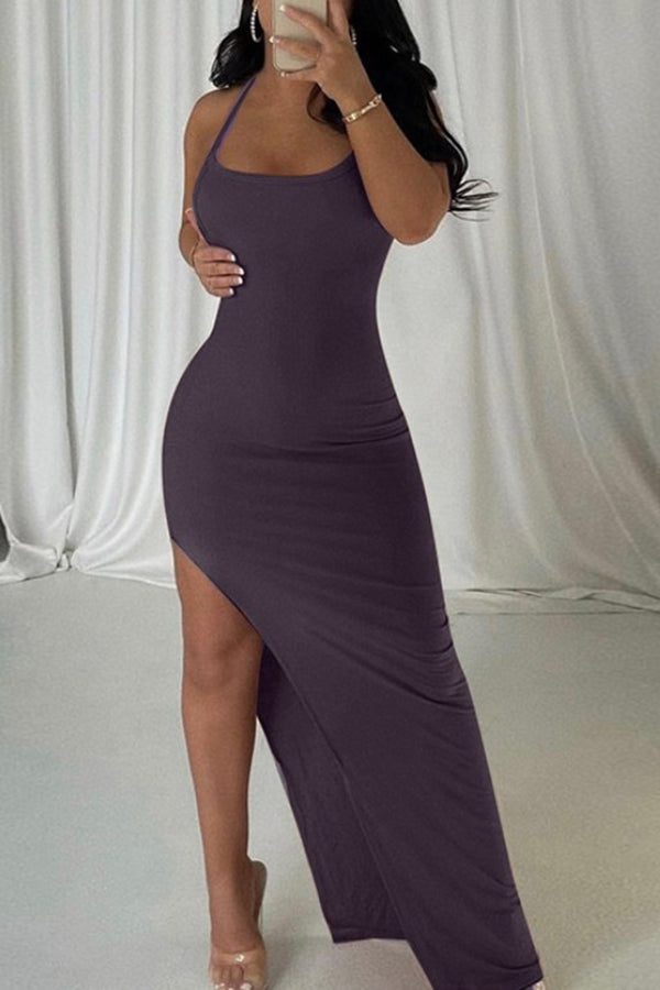 Elegant Fashion Solid Color Slit Strap Backless Maxi Dress