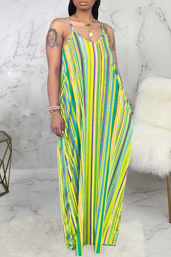 Fashion Color Stripe Loose Sleeveless V-Neck Sling Long Dress