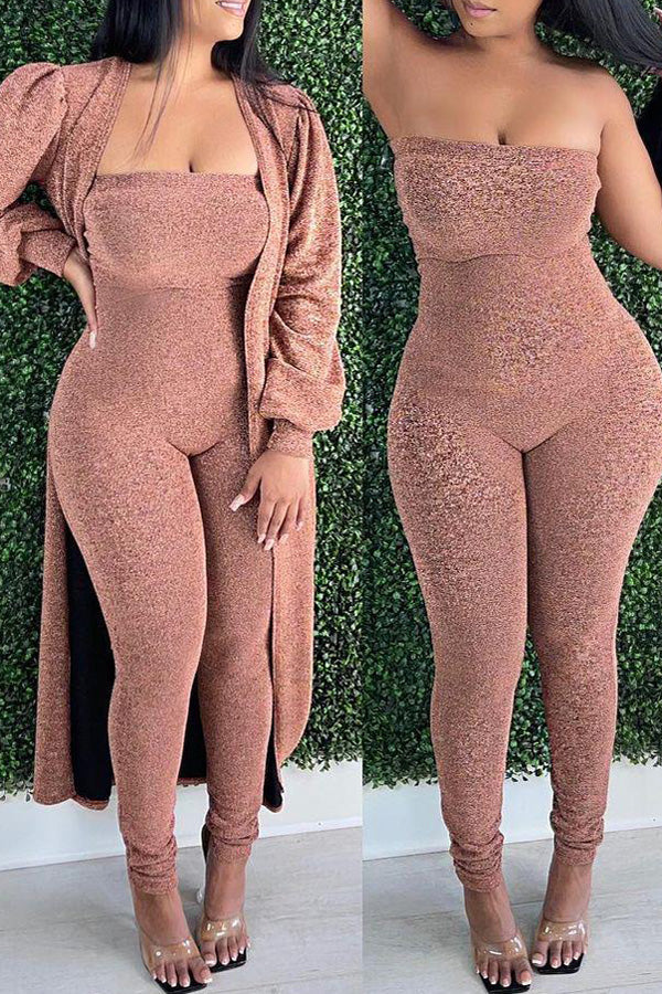 Casual Long Sleeve Cardigan Wrap Bust Jumpsuit Two Piece Set