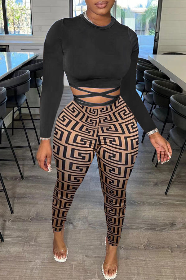 Fashion Sexy Slim Fit Lace-Up Long Sleeve T-Shirt Geometric Print Pants Set