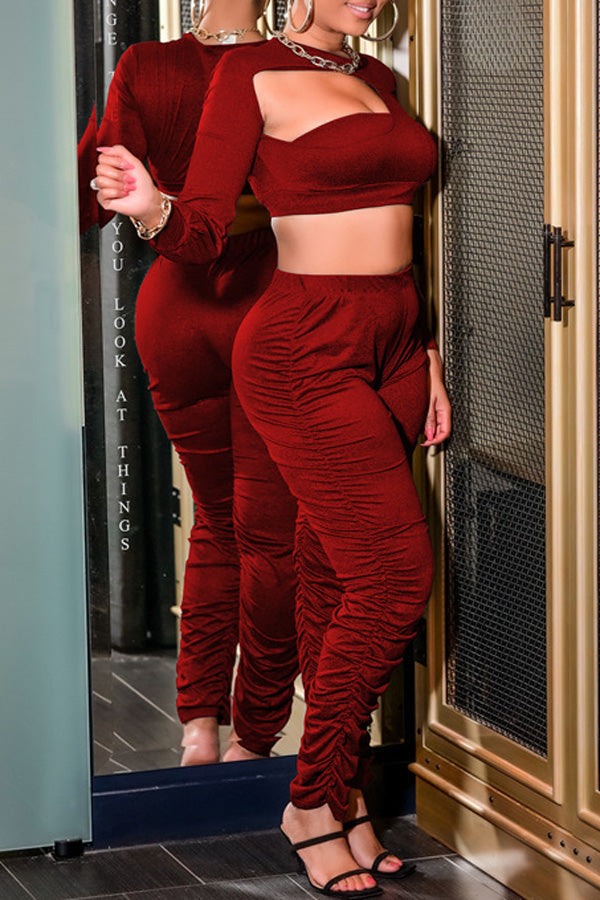 Casual Asymmetric Sexy Cutout Long Sleeve T-Shirt Pleated Trousers Two-Piece Set