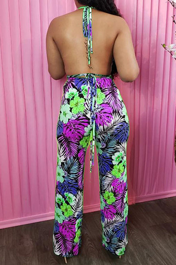 Sexy Natural Print Lace-Up Backless Camisole High Waist Pant Suits