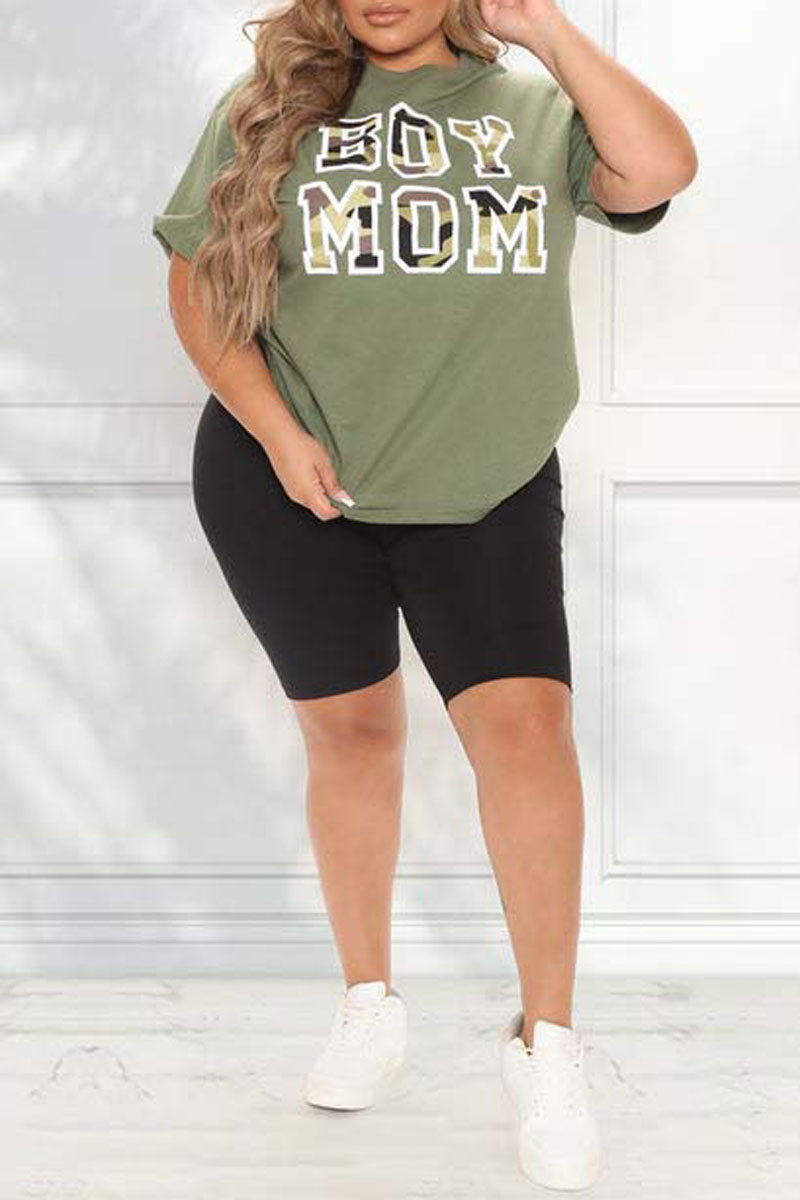 Plus Size Casual Solid Boy Mom Print Round Neck T Shirt